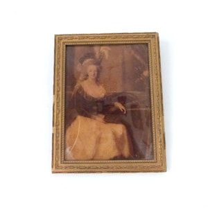 Impresión francesa antigua enmarcada en vidrio invertido de María Antonieta de LeBrun, arte del siglo XIX detrás de vidrio soplado, marco de madera dorada, arte mural europeo