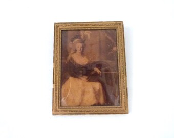 Antique French framed reverse glass print Marie Antoinette by LeBrun 1800s art behind blown glass, gilded wooden frame, european wall art