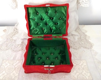 Antique red velvet wooden jewelry or sewing box rare 1800s French trinket box keepsake box w green silk lining, vintage boudoir home decor