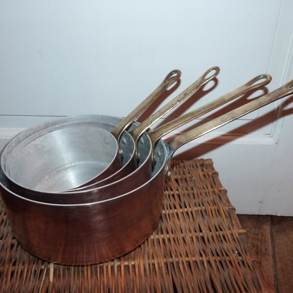 Set 4 antique French copper pans pots w brass handle, saucepans, kitchenware from France, French country cottage cooking kitchen ware
