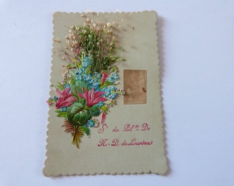 Vintage religious Holy prayer card w dried flowers, souvenir our Lady of Lourdes pilgrimage canivet card, 1900s French religious card gift