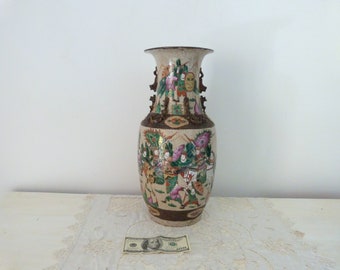 Tall Antique 1800s Chines Nanjing vase w handpainted enameled warrior decor, Asian mantel table baluster vase w Foo dogs, floral cartouche