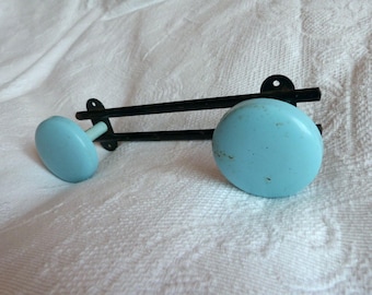 French coat hook wall rack vintage hat rack retro coat rack hanger metal w 2 blue knobs, hat hooks, hat hanger 1970s retro French home decor