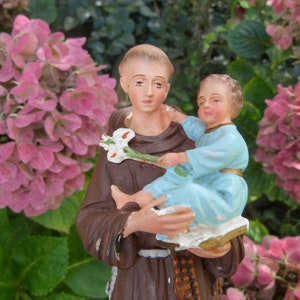 French Antique religious statue of saint Antoine de Padoue Saint Anthony with child infant Jesus statue sculpture hand painted religious art