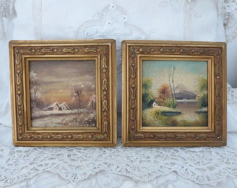 Pair small antique framed oil paintings landscape on wood, French 1900s school of Barbizon oil painting European impressionist art