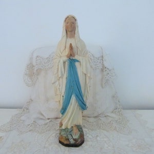 LARGE French Antique religious Holy virgin Mary statue Lourdes madonna madonne our mother lady of Lourdes saint signed statue w rosary cross