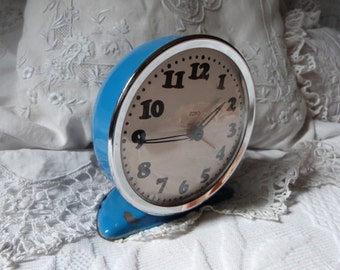 Vintage French blue alarm clock vintage ZOBO clock blue retro alarm clock 1950s w mechanical movement, vintage French retro home decoration