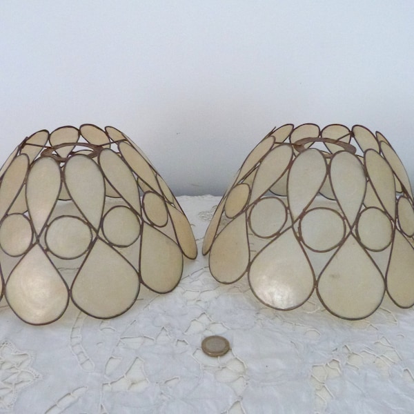 Pair vintage oyster capiz shell lamp shades, shell petal w brass lamp lighting fixture fitting suspension, rare coastal home decor