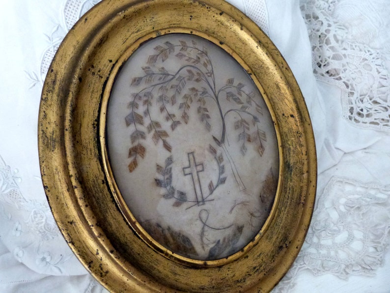 Mourning hair art frame Victorian human hair memento mori Antique French handmade relic gilded wooden frame glass, willow tree w cross 1800s image 1