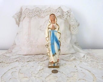French vintage religious Holy virgin Mary statue Lourdes madonna madonne our mother lady of Lourdes saint statue w rosary cross, devotional