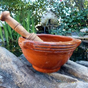 Antique glazed terracotta mortar w wooden pestle French 1800s chemist apothecary kitchen mortar kitchenware, French country cottage decor