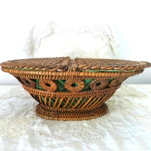 Antique French handwoven rattan wicker sewing basket w green silk fabric lining, BIG country cottage decorative storage basket, home decor