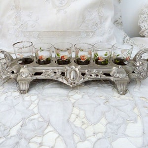 Antique French liquor glasses set, hand painted w roses, cordial cups set w Louis XV Rococo stand, 1900s liqueur glasses, table ware decor