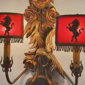 Pair Antique French Victorian lampshades clip on lamp shades w lion embroidery w gold metallic trim w fringes, shades for light, home decor