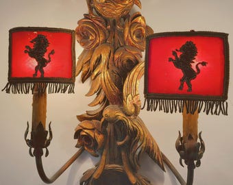 Pair Antique French Victorian lampshades clip on lamp shades w lion embroidery w gold metallic trim w fringes, shades for light, home decor