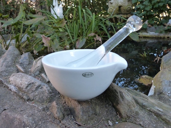 Antique white glazed ceramic signed chemist apothecary mortar w glass pestle French 1900s kitchenware France cooking kitchen decor