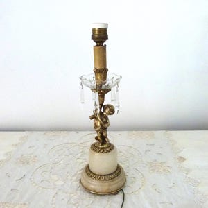 Antique French figural figurine lamp lighting w bronze angel cherub putti on alabaster base w glass driptray w lustres drops, romantic deco