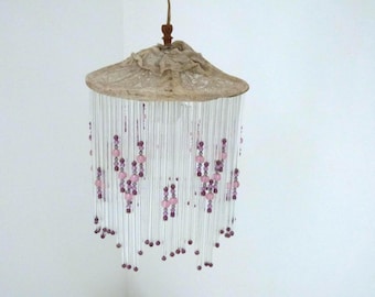 Antique 1900s French pink glass beaded chandelier lighting fixture, romantic boudoir lamp ceiling light w floral lace, glass bead fringes