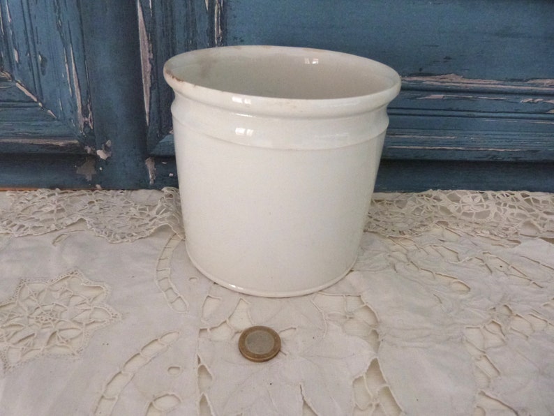 Antique pottery jar, handmade pot in white glazed earthenware Moulin des Loups, farmhouse country kitchen decoration image 10