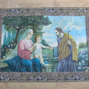BIG Antique religious oil painting w Holy Family linen canvas, signed French 1900s, virgin Mary, child Jesus, Joseph, religious antiques art