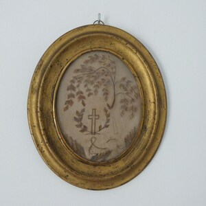 Mourning hair art frame Victorian human hair memento mori Antique French handmade relic gilded wooden frame glass, willow tree w cross 1800s image 2