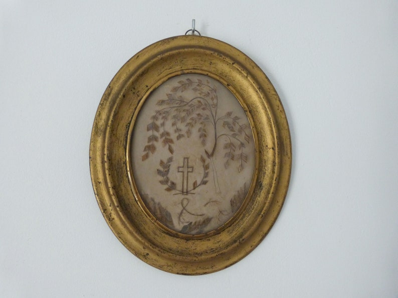 Mourning hair art frame Victorian human hair memento mori Antique French handmade relic gilded wooden frame glass, willow tree w cross 1800s image 2