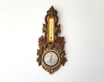 Vintage weather barometer thermometer, gilded wooden wall decor w polychrome floral design, roses, rare wall hanging home decor gift