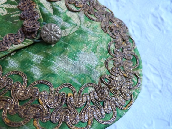 Antique French hand made green silk satin brocade… - image 10