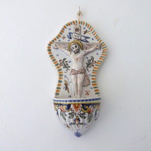 Vintage Holy water font w Jesus Christ sculpture French 1950s hand painted ceramic signed religious stoup font w INRI w floral design