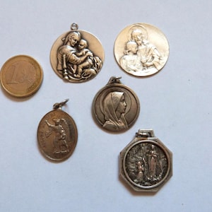 5 XL antique French religious medals Holy virgin Mary, Madonna and child, sacred heart Jesus Christ, souvenir our lady of Lourdes medal