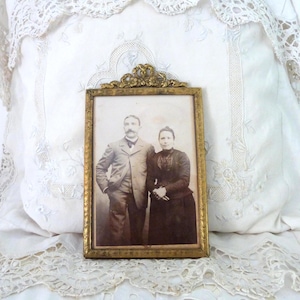 Antique French picture frame w ormolu bow ribbon w sepia picture of couple lady w man, 1900s brass photo frame, rare French home decor gift