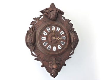 Antique Black Forest wooden wall clock w hand carved 3D pheasant birds ornament w wild boar, enameled clock numbers, Schwarzwald folk art