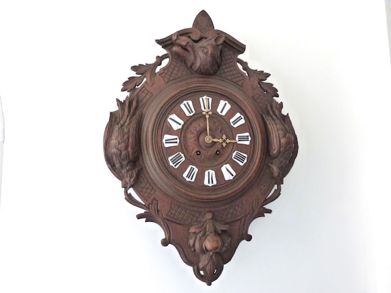 Antique Black Forest Wooden Wall Clock W Hand Carved 3D Pheasant