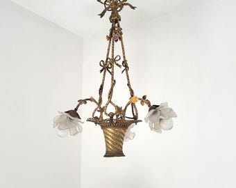 Antique French bronze basket lighting chandelier hanging ceiling lamp lantern suspension w 3 glass lamp shades, bows ribbon, ceramic flowers