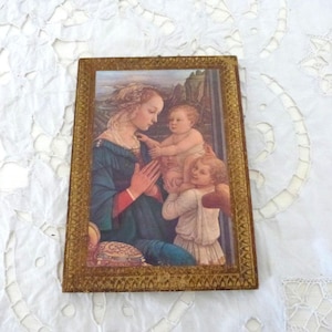 Marco florentino vintage con la Virgen y el Niño Jesús con dos ángeles, icono de F. Lippi La Lippina en marco de madera dorada, regalo de arte de pared devocional