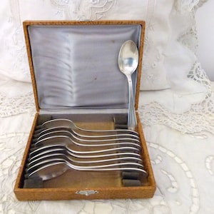 10 Antique French boxed silver plate art deco dessert spoons silverware coffee tea spoons artdeco decor tableware set of silverplated spoons