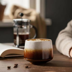 Op de afbeelding: Een keramische koffiemok met een latte art design. De mok heeft een kleurenschema met een verloop, van wit aan de bovenkant naar bruin aan de basis. Koffiebonen liggen verspreid op de houten tafel. Een cafetière staat op de achtergrond.