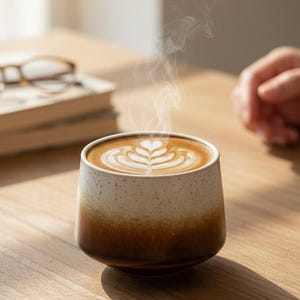 Op de afbeelding: Een keramische koffiekop met een latte art design. De beker heeft een gespikkelde witte bovenkant die overgaat in een bruine basis. Stoom stijgt op uit de koffie en de beker staat op een houten tafel.