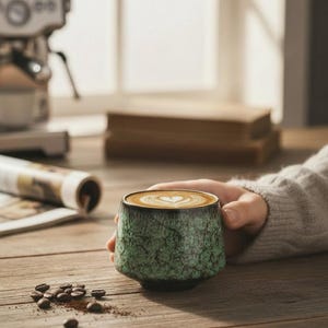 Puede incluir: Una taza de café de cerámica verde y negra con una superficie texturizada, llena de un café con leche cubierto con un diseño de corazón. Granos de café y un periódico están sobre una mesa de madera. Una cafetera está en el fondo.
