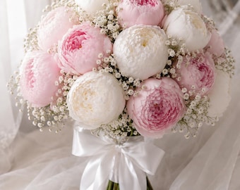 Pink and White Faux Peony Bouquet with Gypsophila & Satin Ribbon