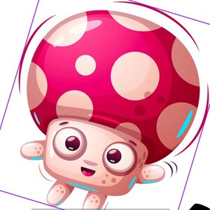 May include: A cartoon illustration of a smiling mushroom character with a red cap and white spots. The character has a light beige body, large eyes, and small arms and legs. The word "FUN" is written in black, stylized letters.