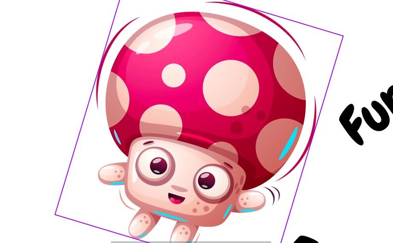 May include: A cartoon illustration of a smiling mushroom character with a red cap and white spots. The character has a light beige body, large eyes, and small arms and legs. The word "FUN" is written in black, stylized letters.