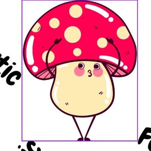 May include: A cartoon mushroom illustration with a red cap and white spots, a beige stem, and a cute expression. The mushroom has arms raised and the number "3" on its face. The image is framed in a purple rectangle.