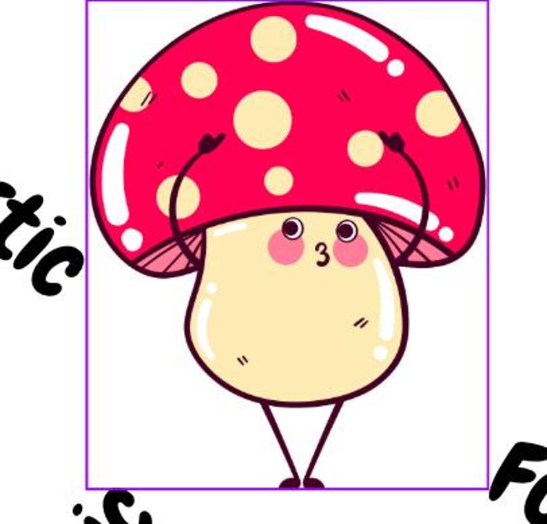 May include: A cartoon mushroom illustration with a red cap and white spots, a beige stem, and a cute expression. The mushroom has arms raised and the number "3" on its face. The image is framed in a purple rectangle.