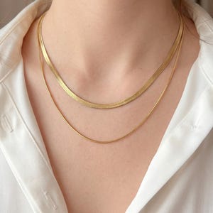 May include: Two gold necklaces, one a flat, wide chain and the other a thin, delicate chain, layered together. The necklaces are worn over a white collared shirt. The chains are visible against the skin.