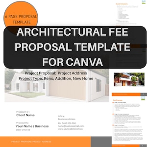 Può includere: Un modello di proposta di parcella architettonica per Canva. Il design presenta un banner nero con testo bianco, tra cui "Modello di proposta di parcella architettonica per Canva". Il modello include sezioni per i dettagli del progetto e le informazioni sul cliente.