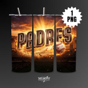 Peut inclure: Un gobelet avec le mot "PADRES" en 3D, sur fond de coucher de soleil flamboyant et de scène de baseball. Le design comprend un stade de baseball et le texte "VELOCITY ARENA". Le gobelet a une paille argentée.