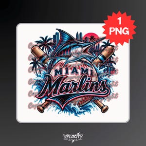 May include: A digital graphic design featuring a blue marlin fish positioned above a baseball, crossed by two wooden baseball bats. The text reads Miami Marlins, set against a backdrop of palm trees, a city skyline, and splashing water.