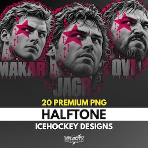 Puede incluir: Un gráfico digital con tres retratos en blanco y negro de jugadores de hockey etiquetados como MAKAR, JAGR y OVI. Cada rostro tiene una estrella magenta sobre un ojo con efectos de pintura que gotea. El texto dice 20 PREMIUM PNG HALFTONE ICEHOCKEY DESIGNS.