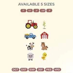 Mini Farm Embroidery Design Set of 8, Tractor Barn Cow Pig Horse Chick Corn Truck, Farm Animals Machine Embroidery Files, Instant Download